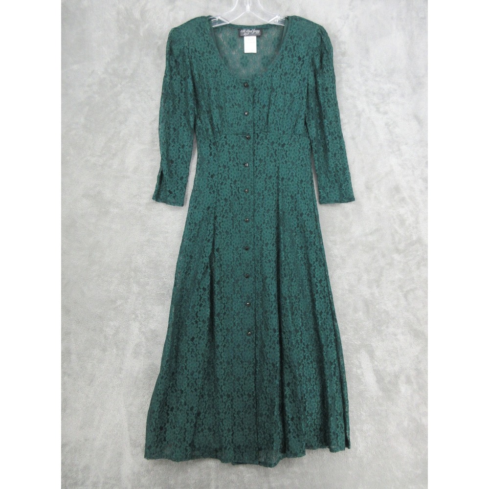 Vintage All That Jazz Dress Womens Size 5/6 Sheer Lace Button Coquette Green